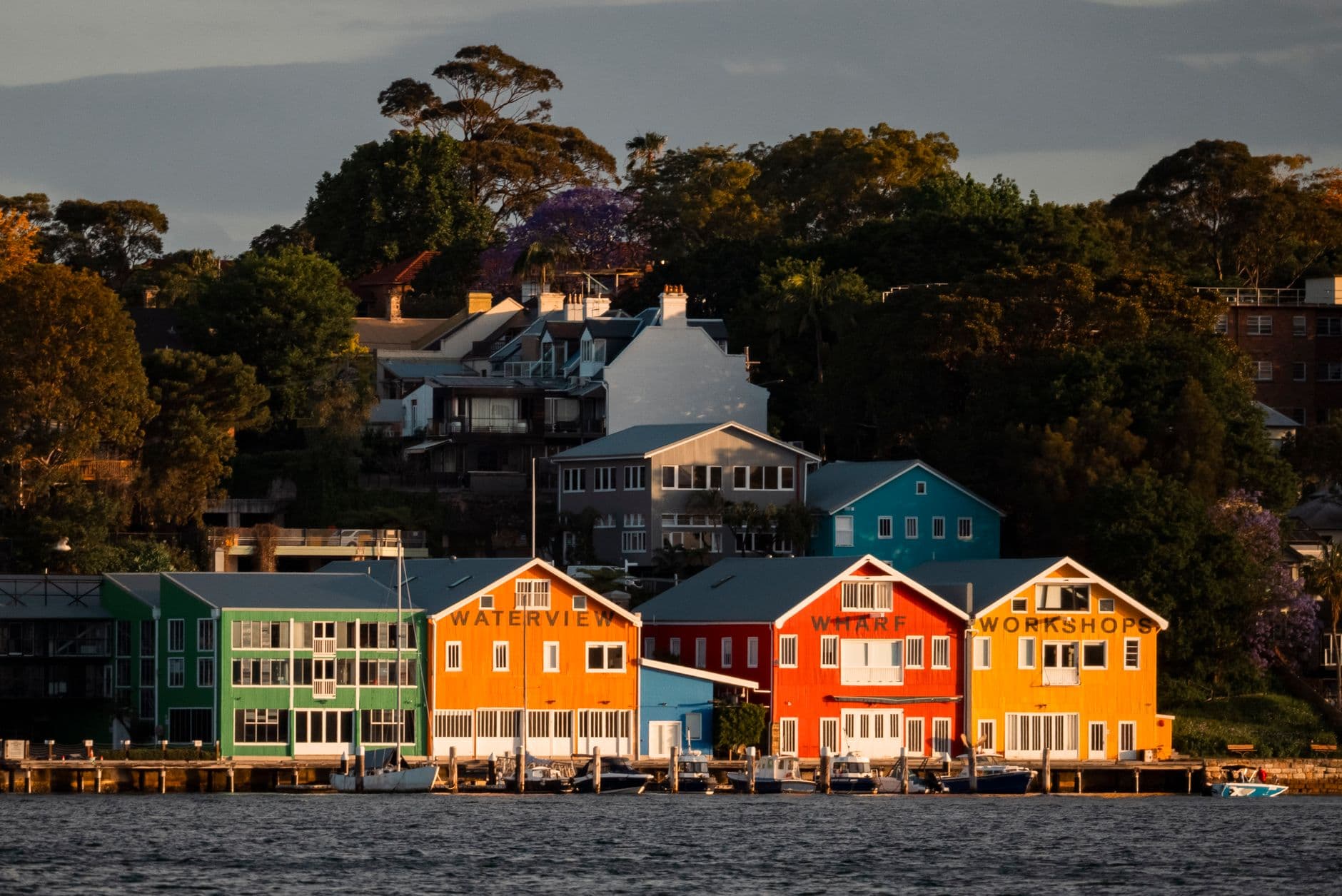 Vibrant waterfront buildings in Balmain, Sydney, Australia, capturing colorful architecture by the harbor.